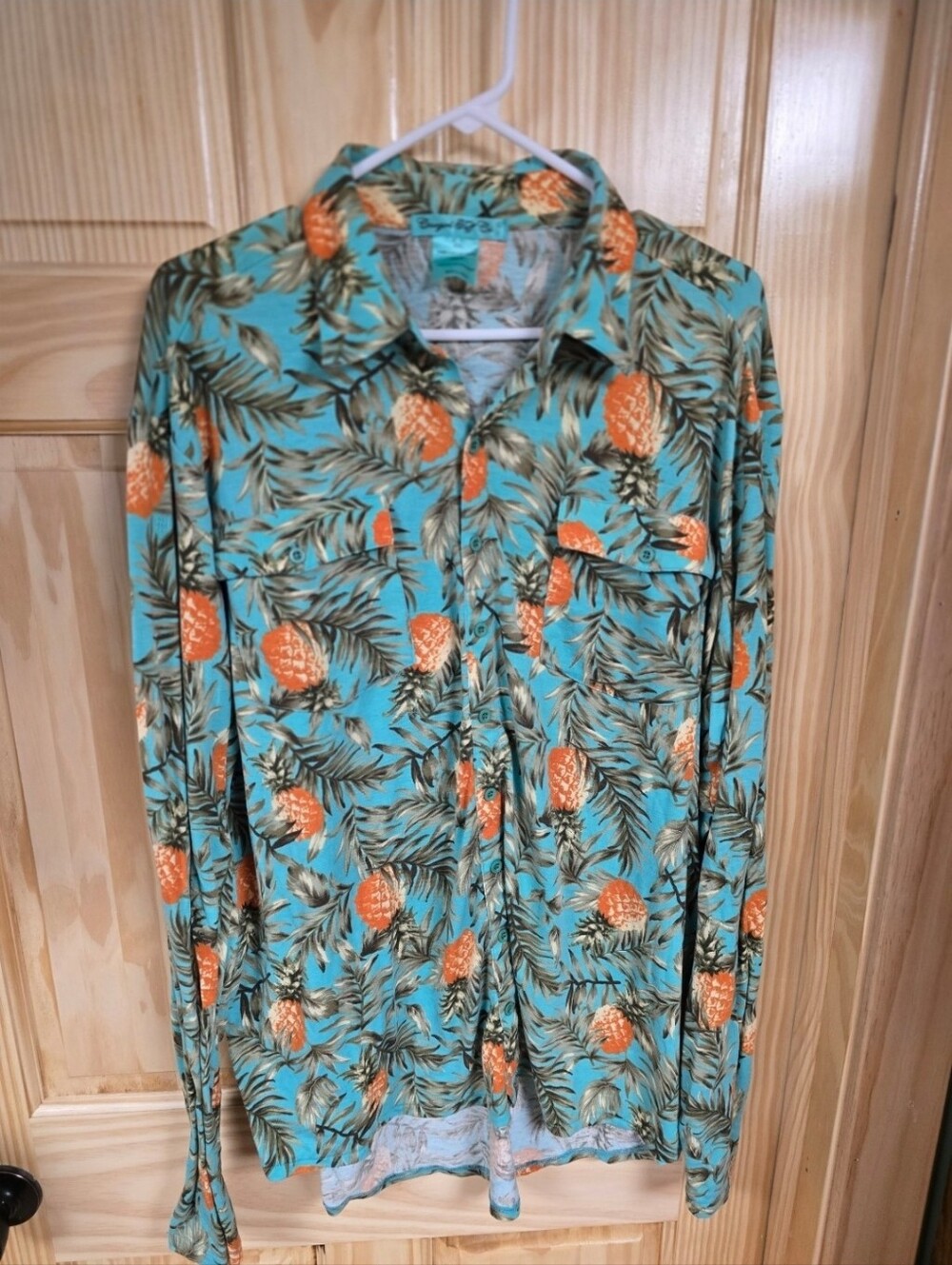 Tropical Pineapple Print Womens Button-Up Shirt - Teal Orange